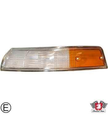Lens for indicator with chrome rim, front, EU version, clear/orange, left, with E-mark