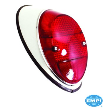 Tail light with red glass and white painted housing, right