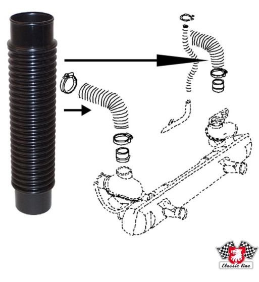 Hose, fan shroud to heater box, plastic, Ø50x270 mm Hose, fan shroud to heater box, plastic, Ø50x270 mm