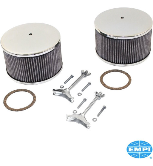 Air filter set, round, 3 3/4" high, 2 pieces. For Empi dual 40 and 44 mm carburetors Air filter set, round, 3 3/4" high, 2 pieces. For Empi dual 40 and 44 mm carburetors