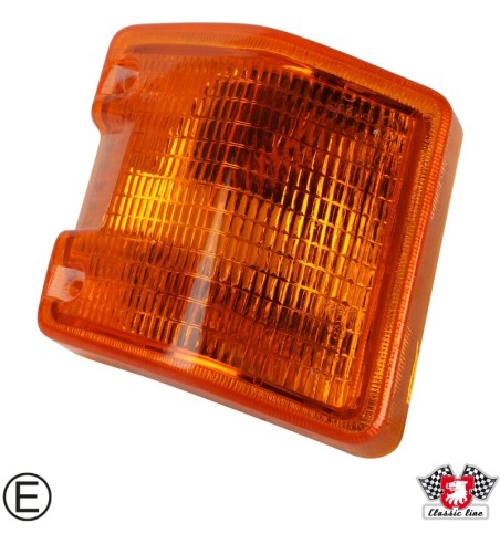 Lens for indicator, orange, front, left, with E-mark