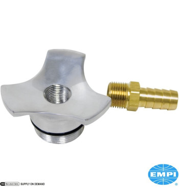 Korek wlewu oleju, styl Knock-Off, z odpowietrznikiem, w tym O-ring i złączką 3/8" NPT. Wykonany z polerowanego aluminium.
