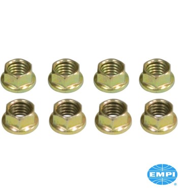 Engine nuts, 6 point, 8x1.25 mm, gold zinc plated, uses 10mm wrench, 8 pieces