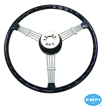 Steering wheel, complete with horn button, black, 3 spoke Banjo Style, Ø394 mm
