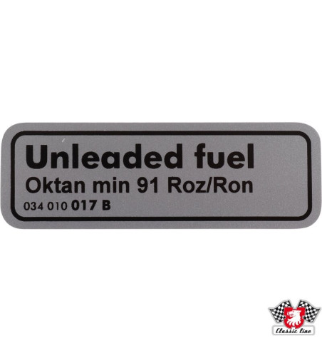 Naklejka, "Unleaded fuel Oktan min 91 Roz/Ron"
