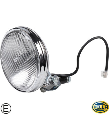 Lampa przeciwmgielna z przezroczystym szkłem i żarówką, chromowana, przedniaa, ze znakiem E, Hella 118
