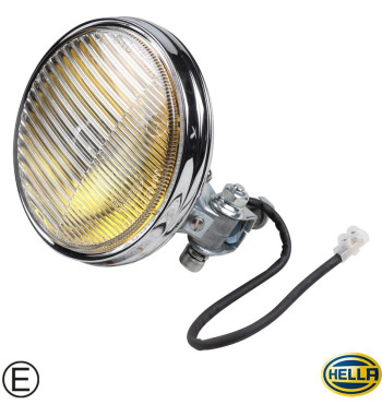 Lampa przeciwmgielna z żółtym szkłem, chromowana, przedniaa, ze znakiem E, Hella 118
