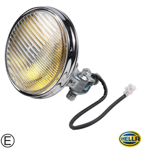 Lampa przeciwmgielna z żółtym szkłem, chromowana, przedniaa, ze znakiem E, Hella 118
