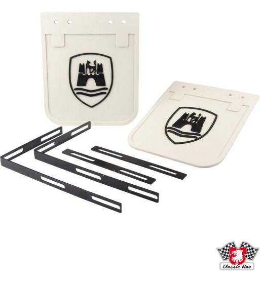 Mud flap set with brackets, cream white with black Wolfsburg logo Mud flap set with brackets, cream white with black Wolfsburg logo