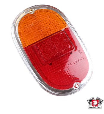 Lampa tylna z czerwonym/pomarańczowym szkłem i chromowaną ramką, styl europejski, lewa/prawa, bez znaku E
