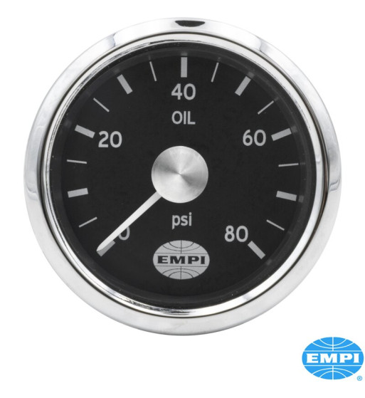 Oil pressure gauge with chrome frame, 0-80 PSI, Ø52 mm Oil pressure gauge with chrome frame, 0-80 PSI, Ø52 mm