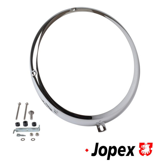 Headlight rim, chrome, Bosch style, Adjusting holes at 9 and 12 o'clock. Headlight rim, chrome, Bosch style, Adjusting holes at 9 and 12 o'clock.