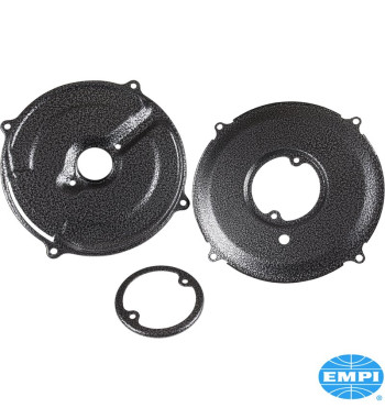 Backing plate set for alternator, 3-piece tin set. Includes outer and inner plate and flange