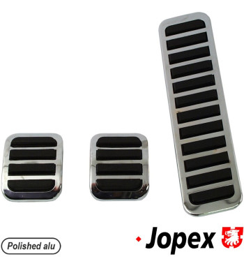Pedal covers, 3 piece set, chrome with rubber contact inserts. For brake, clutch and gas pedal