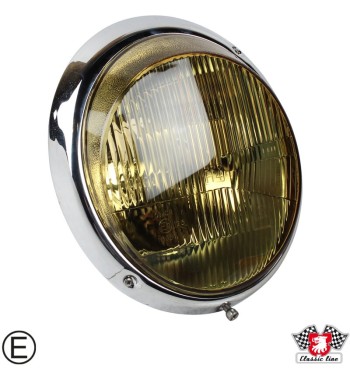 Headlight with chrome rim, yellow glass, with E-mark