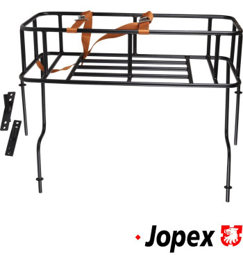 Rear luggage rack. Including straps and brackets. Made of steel with black paint