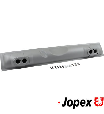 Exhaust rear without tail pipe. Tail pipe in right side. Made of steel with grey paint