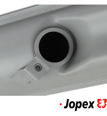 Exhaust rear without tail pipe. Tail pipe in right side. Made of steel with grey paint