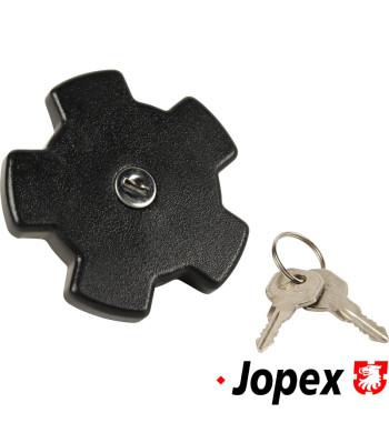 Fuel tank cap, lockable, with keys. Made of metal with black paint