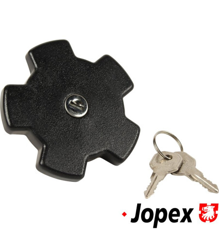 Fuel tank cap, lockable, with keys. Made of metal with black paint