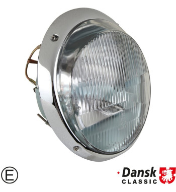 Headlight Bosch Style with clear glass, chrome rim, 2xH1 bulbs and attachment screws, with E-mark