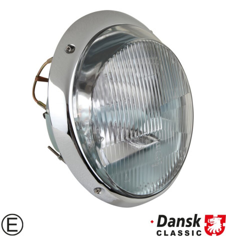 Headlight Bosch Style with clear glass, chrome rim, 2xH1 bulbs and attachment screws, with E-mark