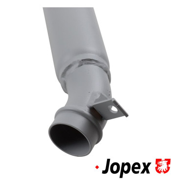 Tail pipe with damper, length 850 mm. Outlet in left side of the vehicle. Made of steel with grey paint