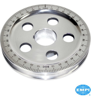 Power pulley for crankshaft, with timing marks, black numbers, polished. Increase horsepower with the smaller diameter