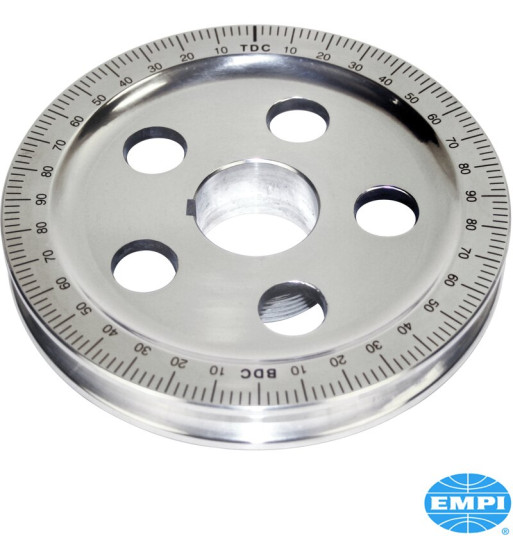 Power pulley for crankshaft, with timing marks, black numbers, polished. Increase horsepower with the smaller diameter Power pulley for crankshaft, with timing marks, black numbers, polished. Increase horsepower with the smaller diameter