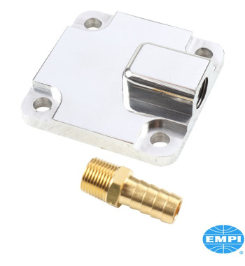 Cover for oil pump with fitting and gasket, Full Flow with fitting, Billet style, aluminium, 8 mm bolt holes