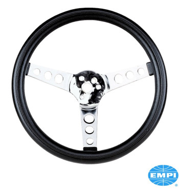 Steering wheel, without horn button, poly-foam, black, 3 solid chrome spokes, Ø343 mm, Ø89 mm dish, without TÜV/E-approval