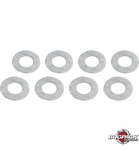 Valve spring shim set, dual, hardened, 0.76 mm, 8 pieces, Bugpack. For setting proper spring installed height
