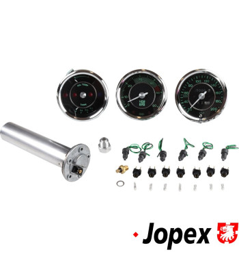 Porsche 356 dashboard gauges replica set, fuel, temperature, speedometer and tachometer. Current must be above 13.7V 