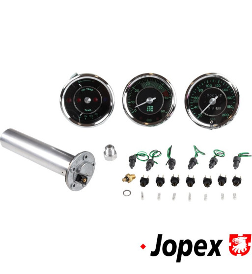 Porsche 356 dashboard gauges replica set, fuel, temperature, speedometer and tachometer. Current must be above 13.7V 