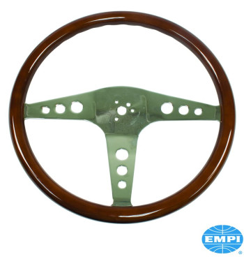 Steering wheel without horn button, wood, 3 polished chrome spokes, Ø457 mm, Ø38 mm center, 31 mm grip
