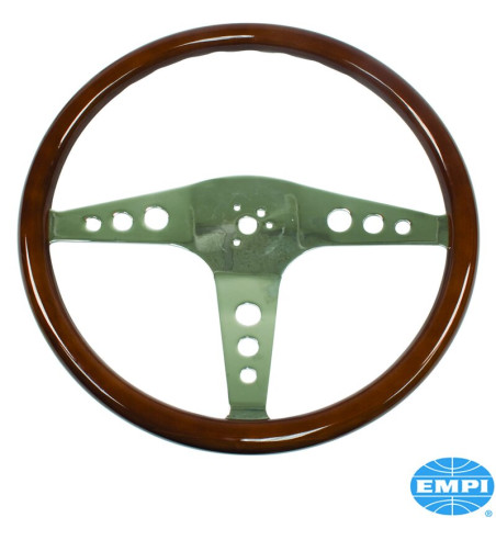 Steering wheel without horn button, wood, 3 polished chrome spokes, Ø457 mm, Ø38 mm center, 31 mm grip