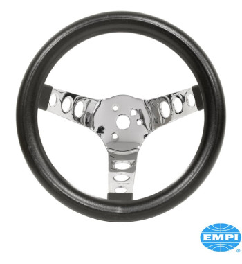 Steering wheel, without horn button, poly-foam, black, 3 solid chrome spokes, Ø254 mm, Ø140 mm dish, without TÜV/E-approval