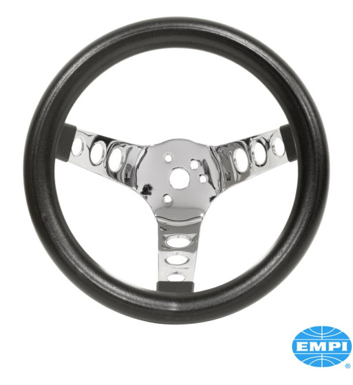 Steering wheel, without horn button, poly-foam, black, 3 solid chrome spokes, Ø254 mm, Ø140 mm dish, without TÜV/E-approval
