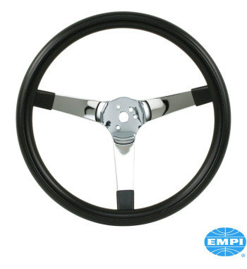 Steering wheel, without horn button, poly-foam, black, 3 solid chrome spokes, Ø375 mm, Ø102 mm dish, without TÜV/E-approval