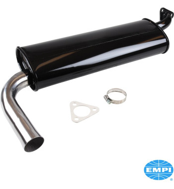 Exhaust rear, Single Quiet, small 3-bolt flange, with one tail pipe. Made of steel with black paint, tail pipe chromed