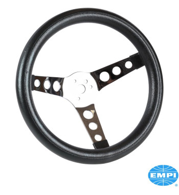 Steering wheel, without horn button, poly-foam, black, 3 solid chrome spokes, Ø318 mm, Ø89 mm dish, without TÜV/E-approval