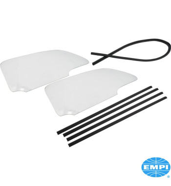 Door window set, one piece without vent window, with glue-in scrapers. Tempered glass. Requires Empi No. 00-9756-0