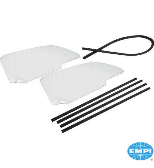 Door window set, one piece without vent window, with glue-in scrapers. Tempered glass. Requires Empi No. 00-9756-0 Door window set, one piece without vent window, with glue-in scrapers. Tempered glass. Requires Empi No. 00-9756-0