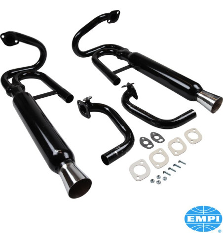 Exhaust rear, Dune Buggy, Dual Style. For use without heat exchangers. Made of steel with black paint, tips chromed