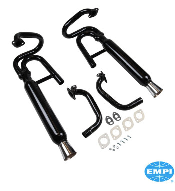 Exhaust rear, Dune Buggy, Dual Style. For use without heat exchangers. Made of steel with black paint, tips chromed