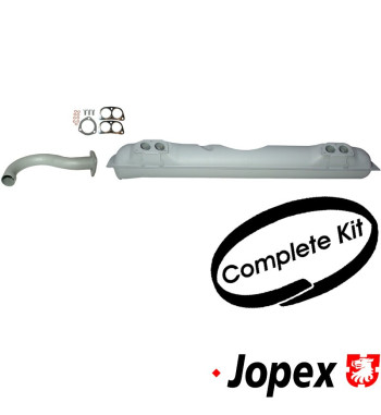 Exhaust set rear, with one tail pipe and mounting kit. Made of steel with grey paint. With TÜV/EEC approval