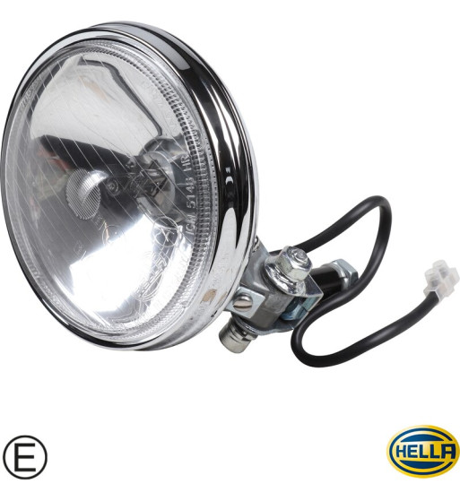 Long distance headlight, type Hella 118, chrome, with clear glass, with 12 Volt bulb, Ø 130 mm, with E-mark
