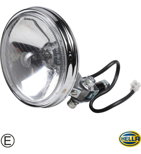 Reflektor dalekosiężny, typ Hella 118, chromowany, z przezroczystym szkłem, z żarówką 12 V, Ø 130 mm, z oznaczeniem E

