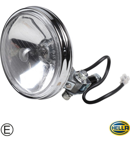 Long distance headlight, type Hella 118, chrome, with clear glass, with 12 Volt bulb, Ø 130 mm, with E-mark