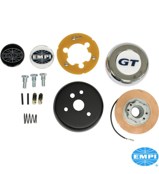 Steering wheel adapter kit. Including chrome horn nutton with recess for use with or without Empi logos. 3 logos supplied Steering wheel adapter kit. Including chrome horn nutton with recess for use with or without Empi logos. 3 logos supplied